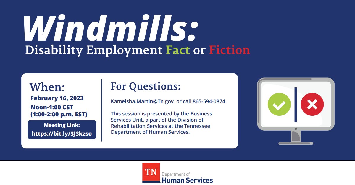 Join @TNHumanServices on 2/14 for a virtual learning session on elevating a workspace that welcomes workers & customers with disabilities. The Windmills disability awareness training addresses situations that can build or deter business. Learn more: bit.ly/3I8gEKd