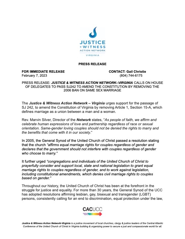 JWActionNetwork's tweet photo. PRESS RELEASE: @JWActionNetwork-Virginia call on the House of Delegates to Pass SJ 242 to Amend the Constitution of Virginia by Removing the Ban On Same-Sex Marriage. @RTDNEWS @virginianpilot @DailyProgress @roanoketimes @NewsInTheBurg @postpolitics #LetJustice #MarriageEquality https://t.co/0vccAPAXEV