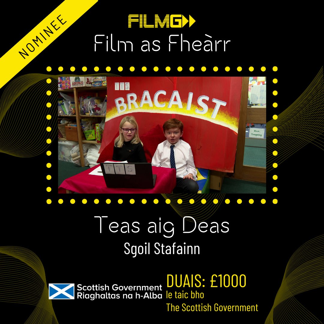 FilmGAlba's tweet photo. 🏆GEÀRR-LIOST / SHORTLIST🏆

✨FILM AS FHEÀRR / BEST FILM (ÒIGRIDH/YOUTH)✨

• Le taic bho @scotgov •
•Sponsored by The Scottish Government•

#FilmG15 #Gàidhlig #Gaelic #Shortlist https://t.co/BUuF3nvqlZ