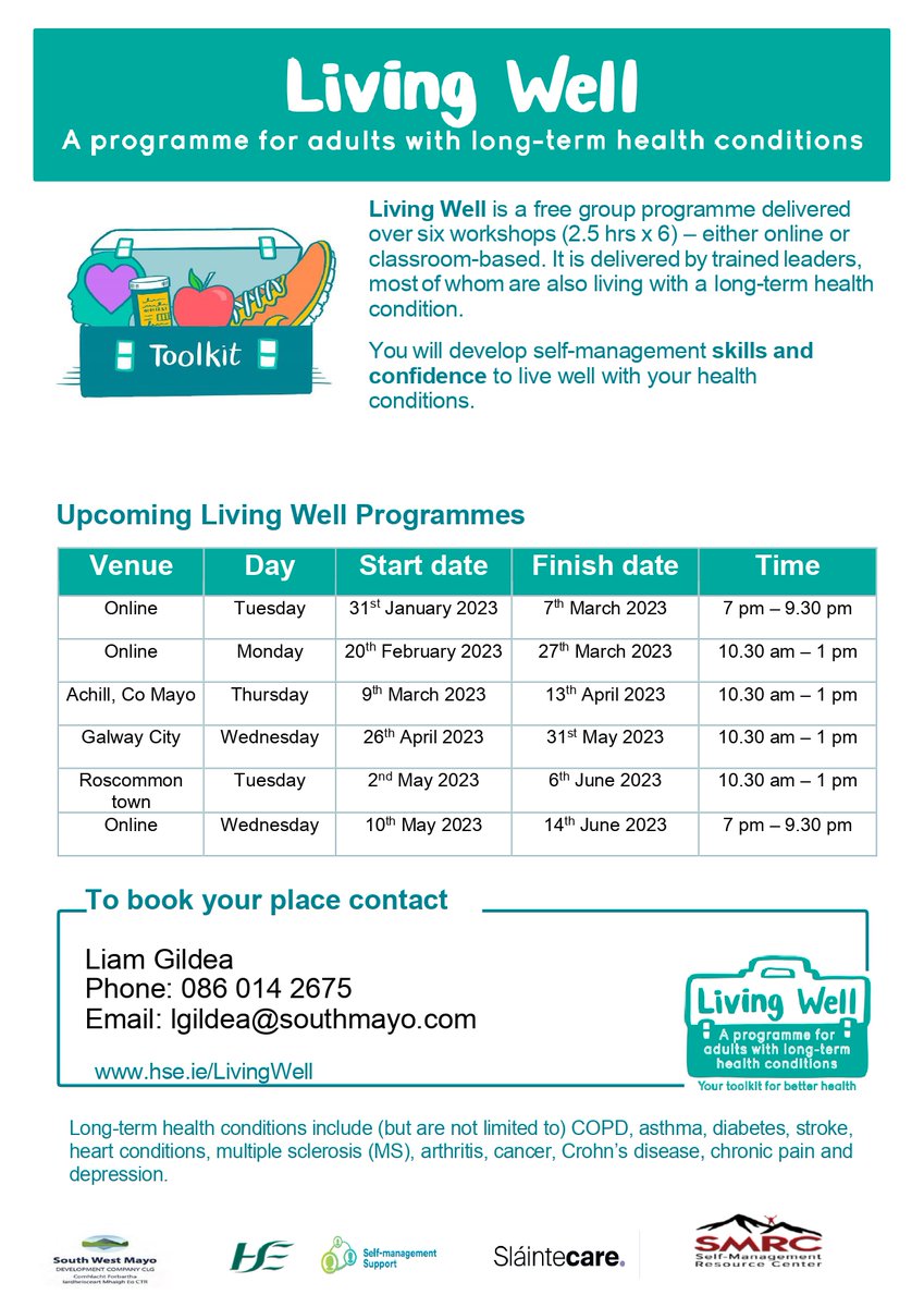 The Living Well Programme is now up &amp; running for Spring/Summer 2023 This free online group programme is aimed to help people manage their long-term health conditions &amp; improve their well-being. 
for more information see details below or visit hse.ie/livingwell  @CHO2West