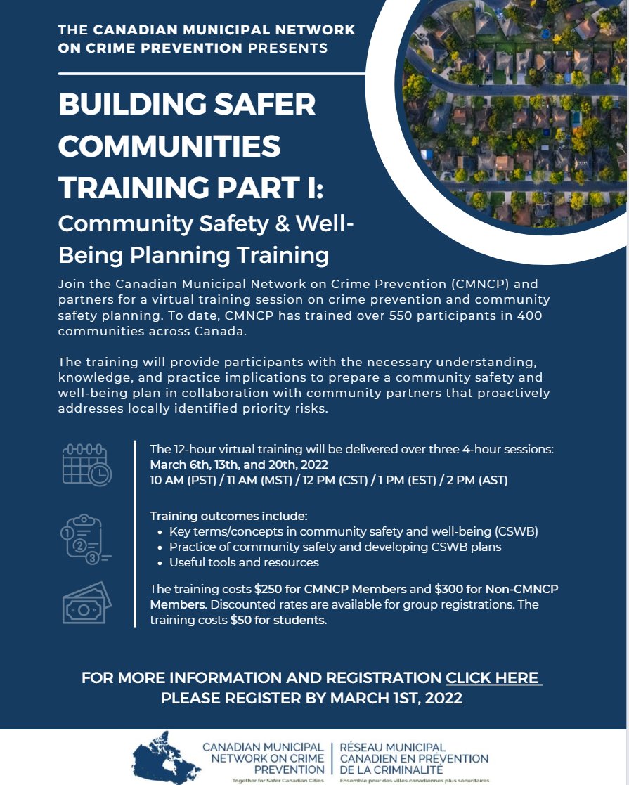 Don’t forget to secure your spot for CMNCP’s PART 1 Building Safer Communities Training in March 2023! The training will provide participants with knowledge &amp; practice implications for developing CSWB Plans. 

Click here to register: buff.ly/3kxEZQk 

#CommunitySafety
