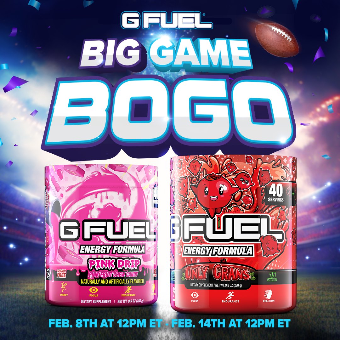 💙 𝗟𝗜𝗞𝗘 + 𝗥𝗧 + 𝗙𝗢𝗟𝗟𝗢𝗪 to win 2 #GFUEL TUBS OF YOUR CHOICE!!!

🏈 Picking 2 winners on Friday to celebrate our #SuperBowl "𝗕𝗨𝗬 𝟭 𝗧𝗨𝗕, 𝗚𝗘𝗧 𝟭 𝗧𝗨𝗕 𝗙𝗥𝗘𝗘" SALE!!!

🛒 𝗦𝗛𝗢𝗣 𝗕𝗢𝗚𝗢: GFUEL.ly/big-game-bogo-…