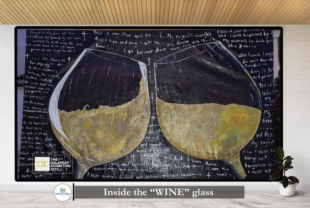 The painting "Inside the 'WINE' glass" depicts a scene where individuals are raising glasses filled with dirty water in a cheer. The painting raises questions about the purpose of their cheer and highlights the consequences of their actions, as they are now forced to drink.