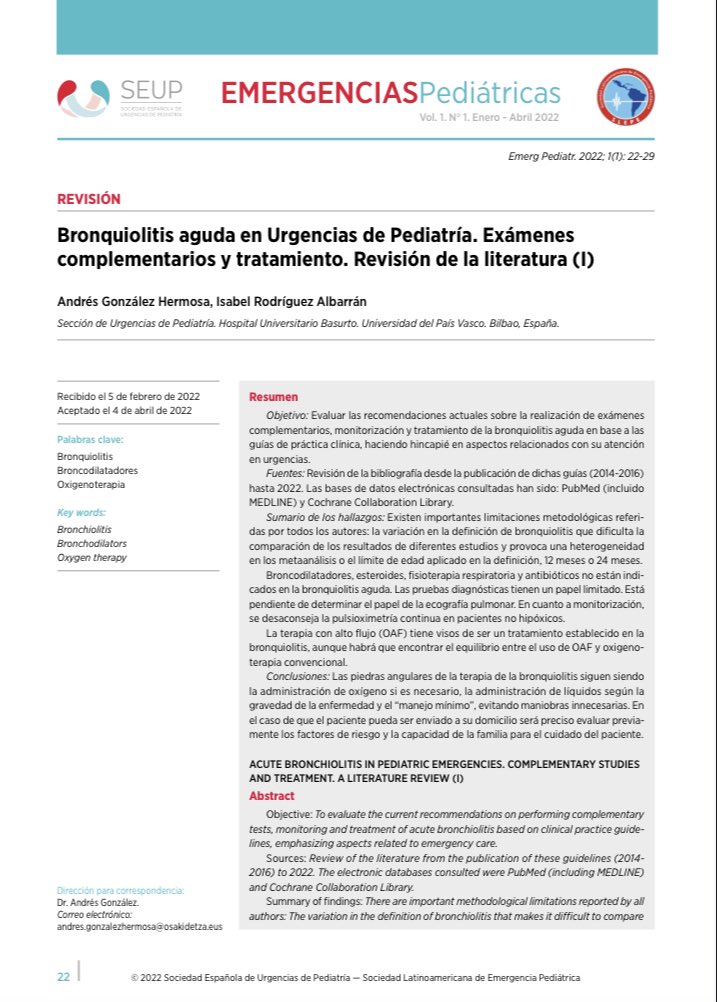 TSEUP's tweet photo. ❗️REVISIÓN #EmergenciasPediátricas

📖Bronquiolitis aguda en Urgencias de Pediatría. Exámenes complementarios y tratamiento. Revisión de la literatura (I)

✍️Andrés González Hermosa, Isabel Rodríguez Albarrán.

👉Artículo completo en: https://t.co/ARdrVSGpM4 https://t.co/WeWVZX4mQl