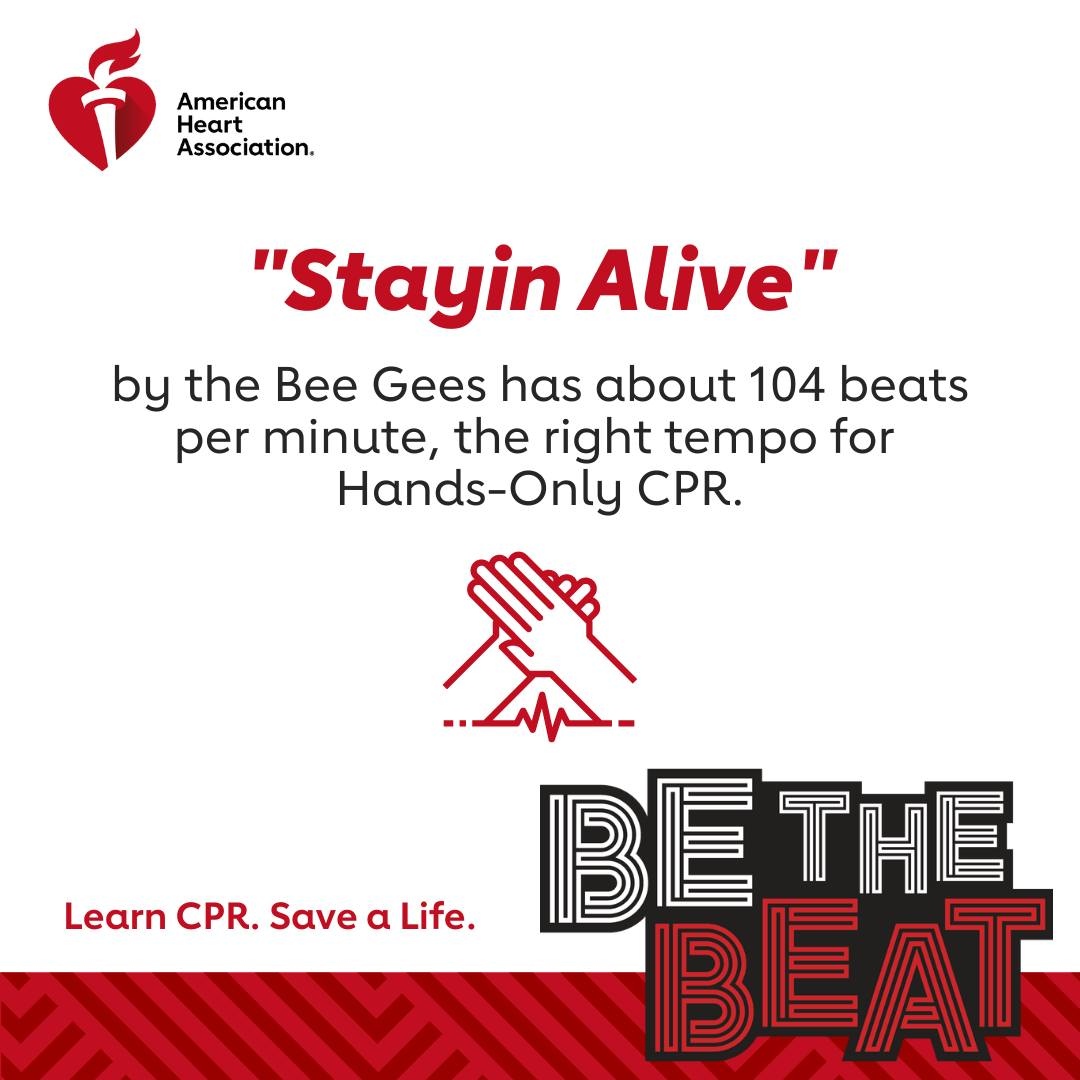 #BeTheBeat for your community by learning the 2 steps of Hands-Only CPR:

👉 Call 911
👉 Push hard and fast in the center of the chest at the same tempo as 'Stayin Alive' by the Bee Gees.

#HeartMonth #CPRwithHeart