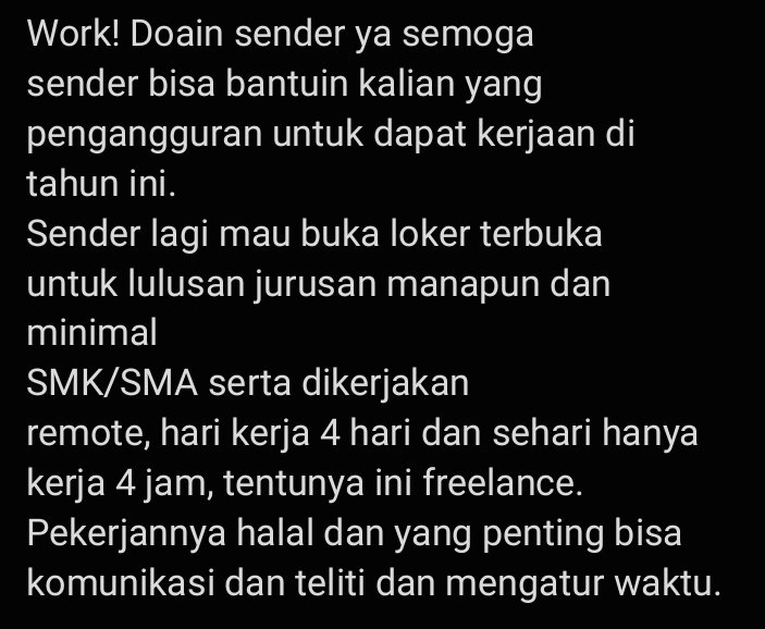 Ini jadi bukti tweet sender
di masa depan sebelum menfess ditutup. Kalian boleh
reply disini ya kalau minat atau yang lagi cari kerjaan work!