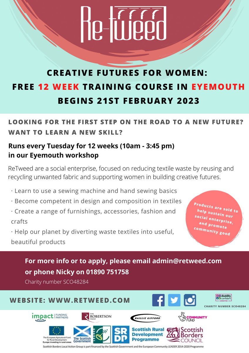 ReTweed (@weareretweed) on Twitter photo Our next free twelve week training course for women in Eyemouth starts on the 21st February 2023. For more info or to apply, email admin@retweed.com or phone Nicky on 01890 751758 Our next free twelve week training course for women in Eyemouth starts on the 21st February 2023. For more info or to apply, email admin@retweed.com or phone Nicky on 01890 751758