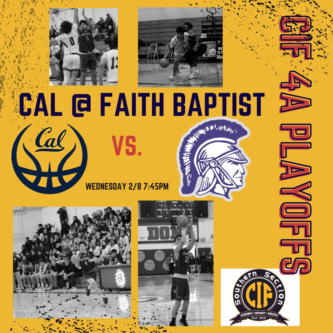CIF 4A first round.. Cal @ Faith Baptist-Canoga Park.. Game time 7:45p #cifssbasketball @James_Escarcega @CalHiAthletics @TheCondorNest @SGVNSports @WhittierNews