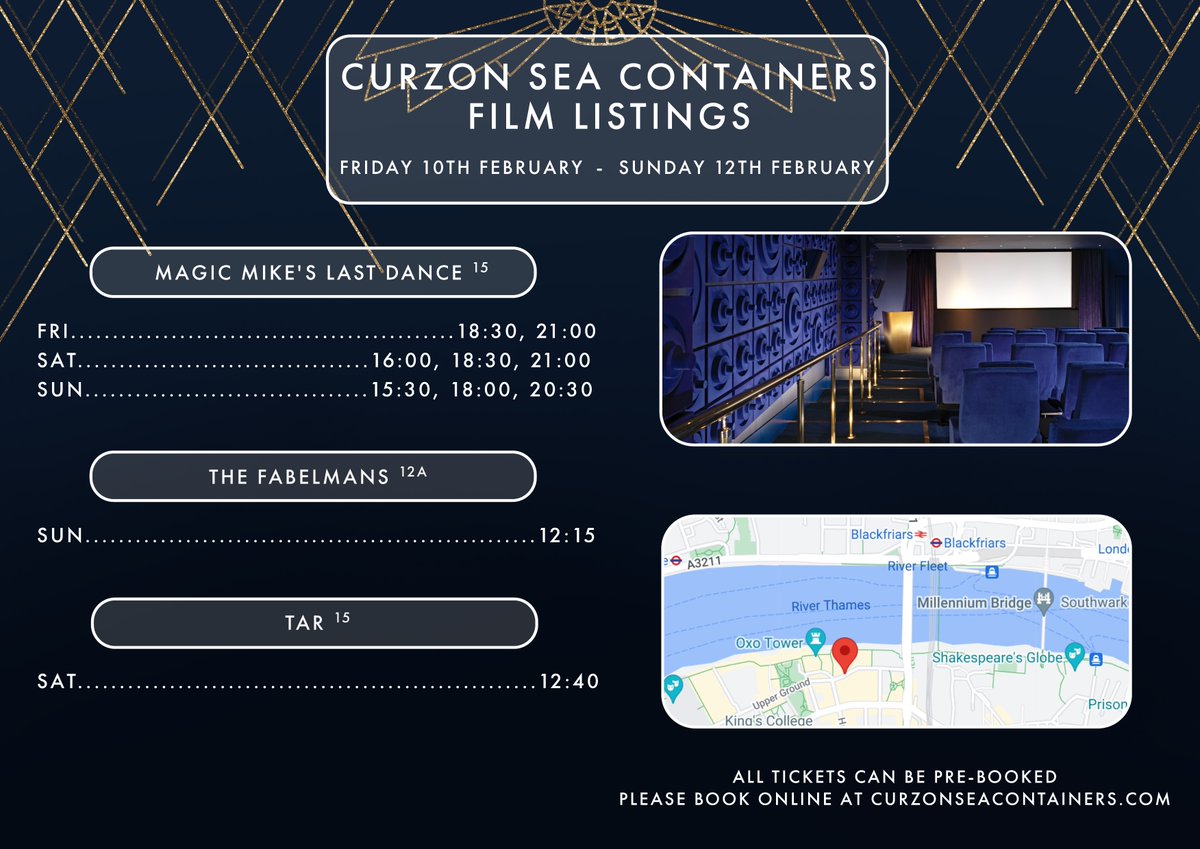 Hello dear guests, here are the listings for the weekend starting 10th February at Sea Containers🛳️⚓️📽️

Book tickets here: ticketing.eu.veezi.com/sessions/?site…

#cinema #film #secretlondon #londonbestkeptsecrets #mondrian #magicmikeslastdance #thefabelmans #tar <a href="/CurzonFilm/">Curzon Film</a> <a href="/CurzonCinemas/">Curzon</a>