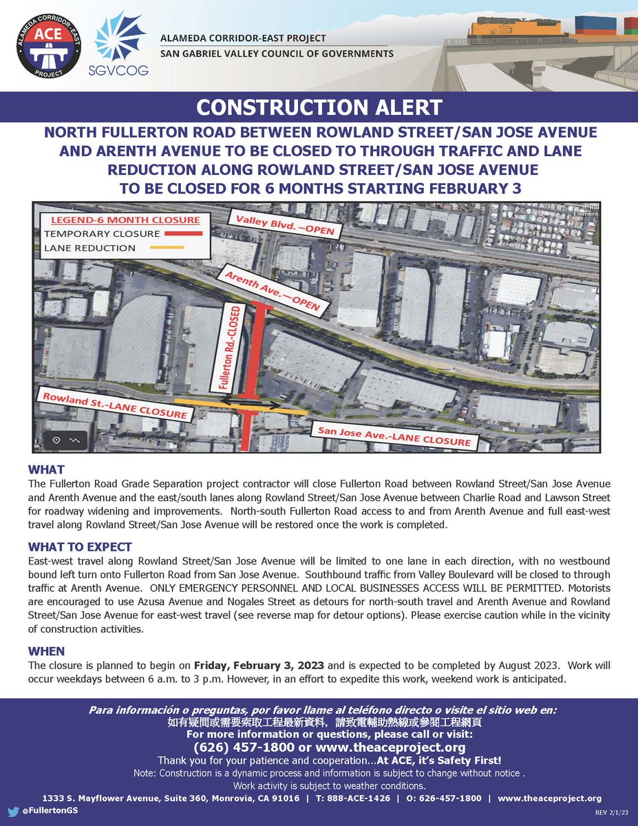 industry_ca's tweet photo. For the next six months, North Fullerton Road will be closed for construction. Remember to plan alternative routes while we work to improve roads for the community.

#NorthFullertonRoad #ACEProject #SGV #SGVCOG https://t.co/Pma071TQl4