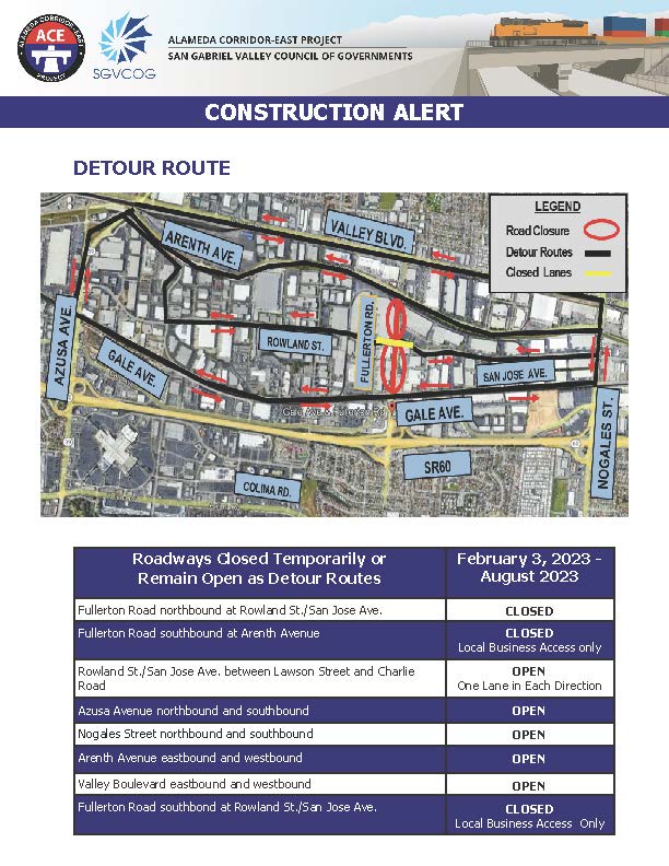 For the next six months, North Fullerton Road will be closed for construction. Remember to plan alternative routes while we work to improve roads for the community.

#NorthFullertonRoad #ACEProject #SGV #SGVCOG