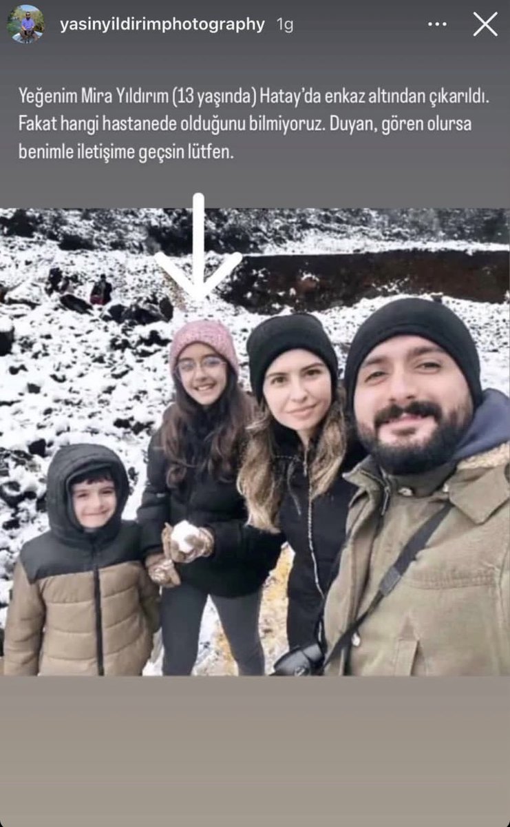 esraerk_an's tweet photo. Mira Yıldırım !!
Enkazdan çıkarıldığı söyleniyor fakat kayıp. Nereye sevk edildiği belli değil, Bilinci kapalı olabilir! Gören duyan varsa bildirsin lütfen ailesi hastanede babası yaralı şekilde onu arıyor!! #Hatay #AFAD @saglikbakanligi @TC_icisleri @EmniyetGM https://t.co/0a3dyM6uwr