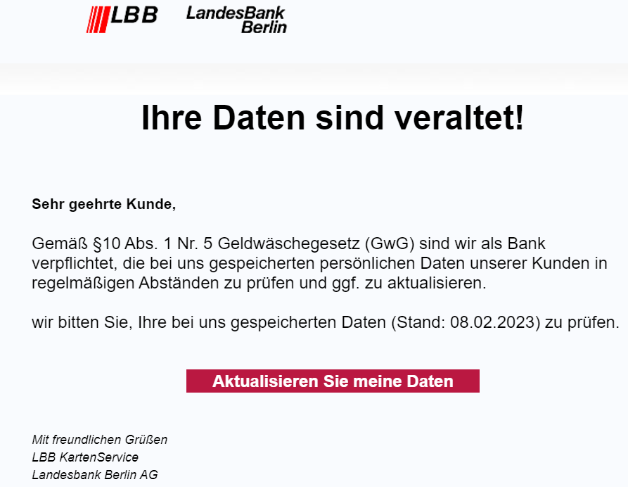 vznrw_phishing's tweet photo. #Phsihing: Geldwäschegesetz bei der #LBB als Vorwand genutzt: https://t.co/1wOLMZ1MQs https://t.co/3tb24sqKhE