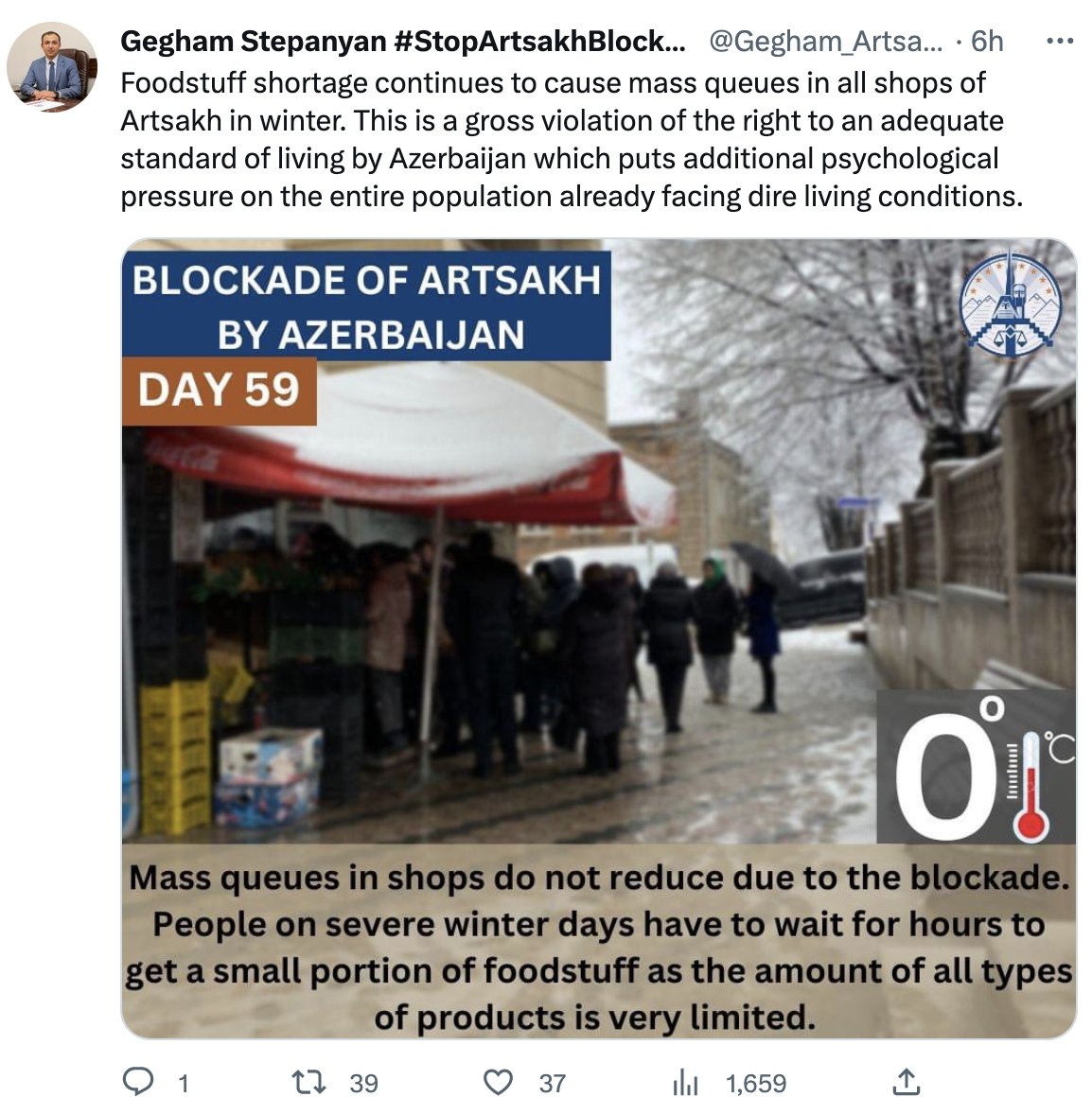 LaNelle64989432's tweet photo. "We must act-and act decisively before it is too late."
#EndBlockade #FormOfTorture #PreventGenocide
@CIJ_ICJ @IntlCrimCourt @amnesty @amnestyOz
@amnestyfrance @AmnestyCIJ @UNOSAPG @hrw_fr
Help Stop #GenocidalAliyev's HUNGER PLAN- planned mass starvation against the Armenians. https://t.co/03Tqe0OVh7