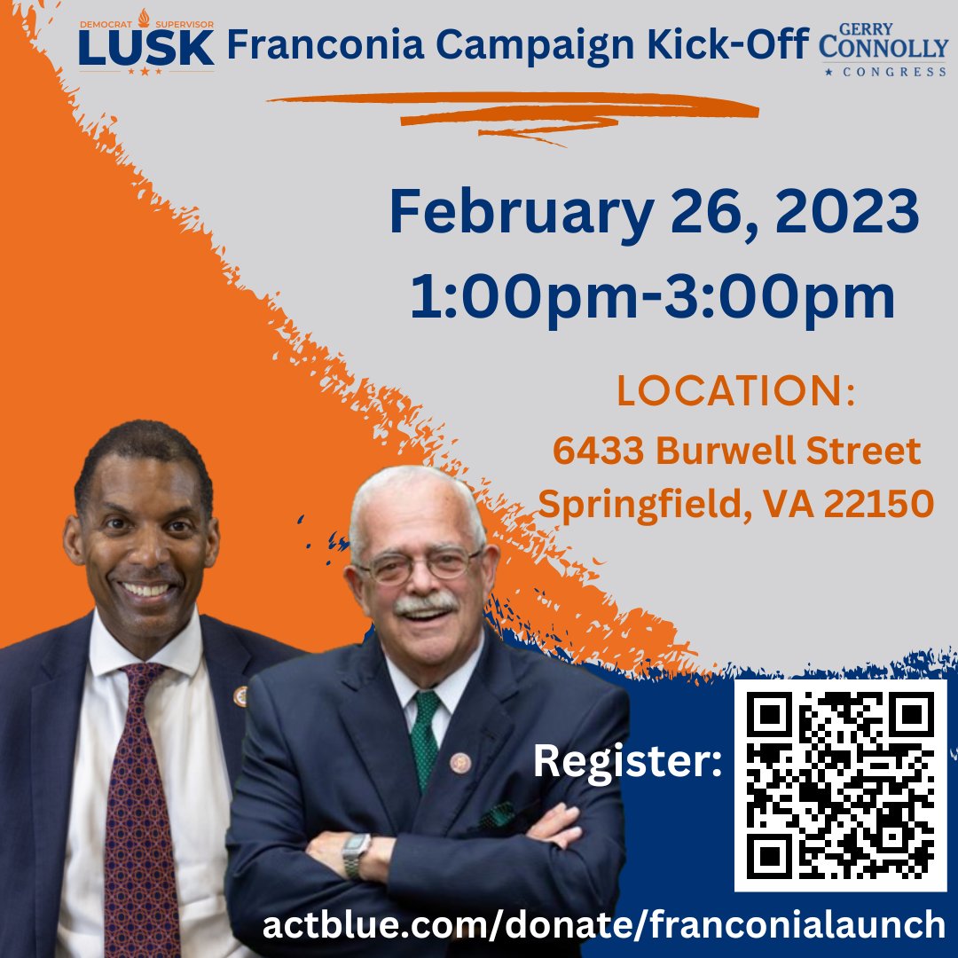Come out and join me, <a href="/ElectConnolly/">Gerry Connolly</a>  and the Franconia District Democratic Committee to kick off the 2023 election season in the Franconia District!
Register: actblue.com/donate/francon…