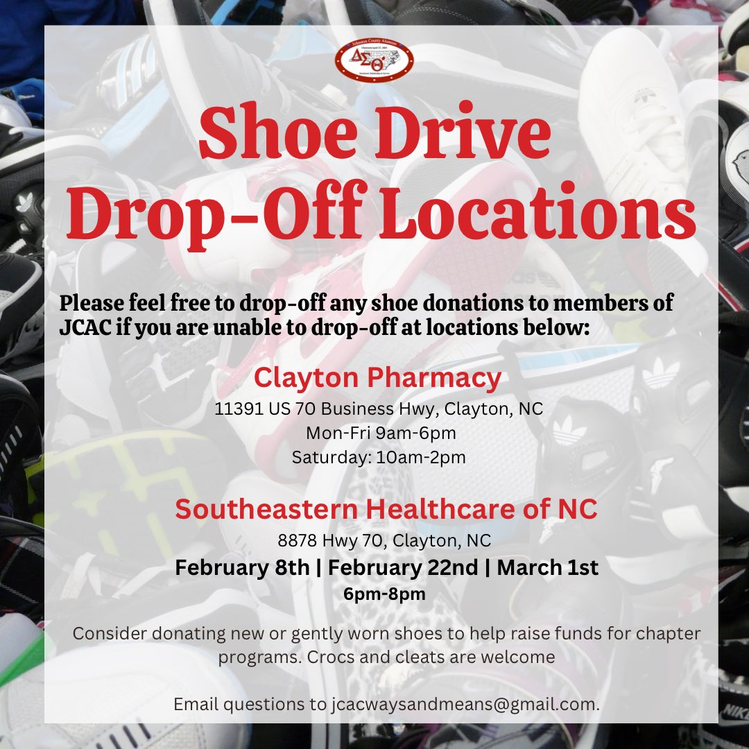 Help us raise funds just by donating gently worn, used and new shoes! Be sure to ask, friends, family, neighbors and co-workers to donate too!Collected shoes not only help support us, but they will be reused and given a second life by those in need through. #JoCoDeltas #ShoeDrive