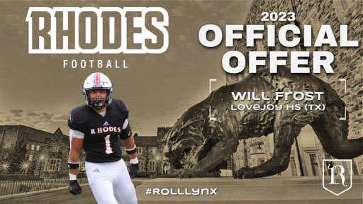 After a great visit last weekend with <a href="/coachrichduncan/">Rich Duncan</a>, <a href="/CoachATChau/">ANDREW CHAU</a> and <a href="/Coach_DiLella/">Christopher DiLella</a> I am thankful and blessed to have received my first offer to snap at <a href="/RhodesFootball/">Rhodes Football</a>!!!! #RollLynx <a href="/leopardfootball/">LOJO Football</a> @ChrisRossLOJO @OneOnOneTX <a href="/KohlsSnapping/">Kohl's Snapping Camps</a> <a href="/CoachLedford/">Ryan Ledford</a> <a href="/CoachKPark/">Kevin Park</a>