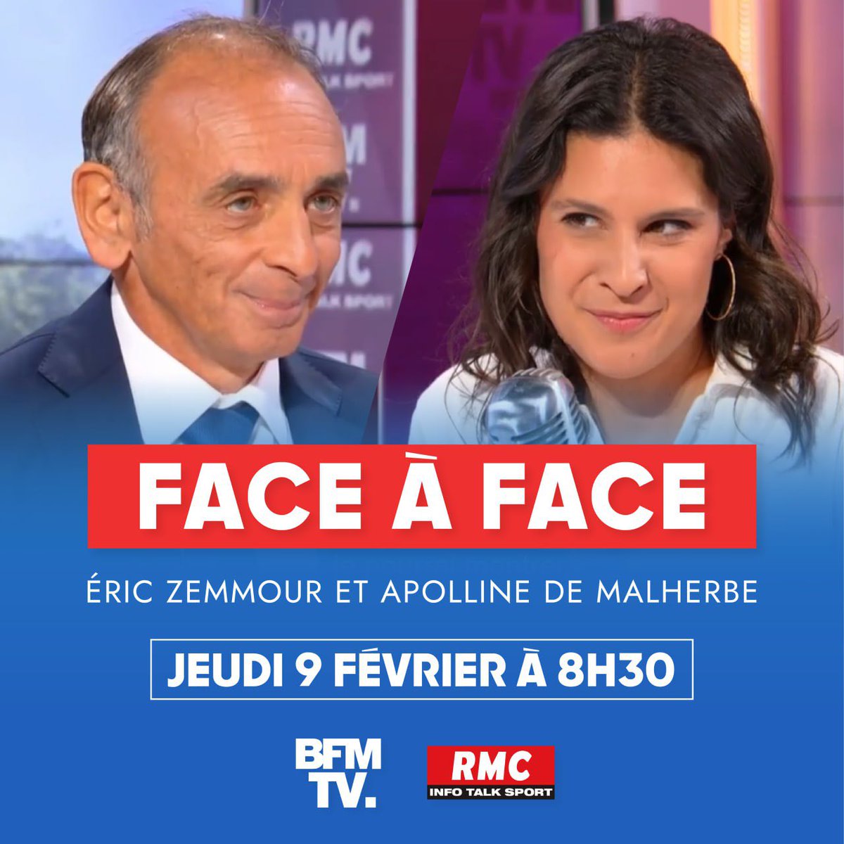 Reconquete_off's tweet photo. 🔴 Eric Zemmour vous donne rendez-vous demain à 8h30 sur BFMTV !

#ApollineMatin https://t.co/W6XYYoXwtw