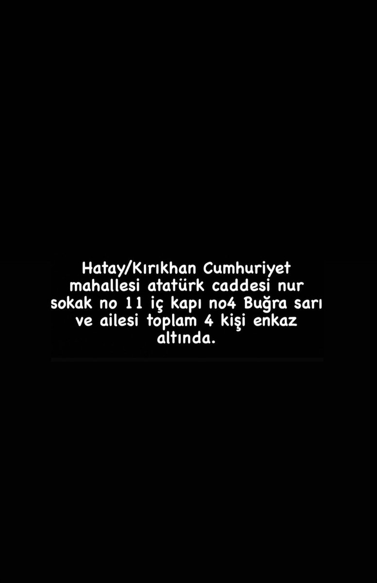Akgun_Kaan's tweet photo. VİNÇ YOK VİNÇ❗️

Nişanlısı Simge enkazın önünde bekliyor 0539 372 18 29 numarası bu
❗️Eczacı Buğra Sarı ve ailesi 4 kişi 
Binada 10 kişi olduğu söylenmiş

ACİL❗️❗️❗️@haluklevent @ProfDemirtas @cuneytozdemir @esaskenan @AFADBaskanlik @ahbap @vekilince @kilicdarogluk @ProfDemirtas https://t.co/glSgW7VdEH