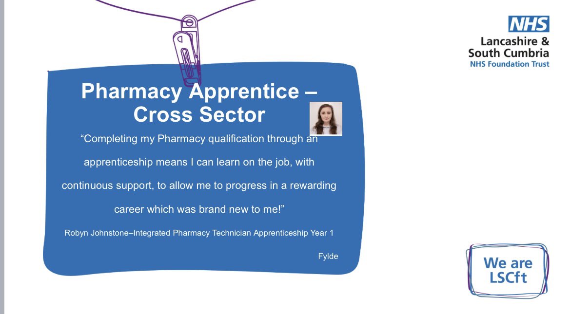 Robyn is another Pharmacy apprentice supporting @NHS_HealthEdEng Technician national expansion. Robyn works across different sectors learning skills and knowledge needed to register with the General Pharmaceutical Council. #NWA2023 @ApprenticeLSCFT