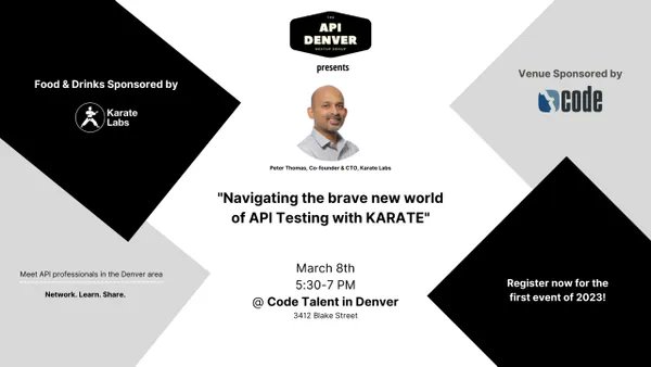 March 8th, 2023 we are kicking off our FIRST Denver API Meetup of 2023 with Peter Thomas <a href="/ptrthomas/">Peter Thomas</a> Co-Founder and CTO of <a href="/getkarate/">Karate</a>  🎉 

meetup.com/denver-apis-me…

#API #Testing #Automation #KarateLabs #Denver #EndToEndTesting #SimulateEndUserFlows #OnboardingTeams  #OSS