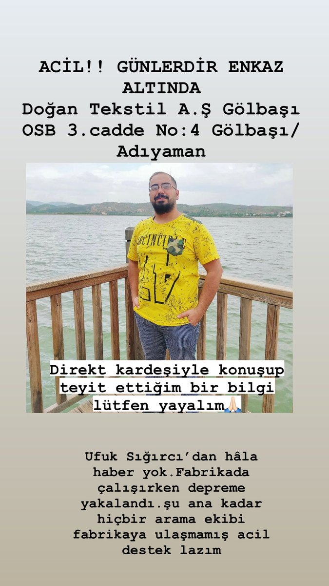 Lütfen destek olalım hiçbir ekip ulaşmamış yardıma. Ailesi perişan hâlde . LÜTFEN ACİL YARDIM GEREKİYOR GÜNLERDİR ENKAZ ALTINDA
<a href="/haluklevent/">Haluk Levent ( Ahbap Ekibi )</a> <a href="/AFADBaskanlik/">AFAD</a> <a href="/OguzhanUgur/">Oğuzhan Uğur</a> <a href="/TCGolbasi/">Gölbaşı Kaymakamlığı</a> @GolbasBld