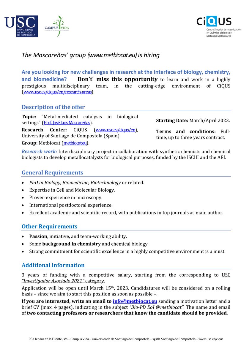 MetBioCat's tweet photo. We are hiring!!

Are you looking for new challenges in research at the interface of biology, chemistry, and biomedicine?
Don’t' miss this opportunity!!

You just need a PhD in Biology (or related), to check https://t.co/zakmI5KPZ4 and apply,  and then you'll join us (@ciqususc) https://t.co/meQ2IJKZMF