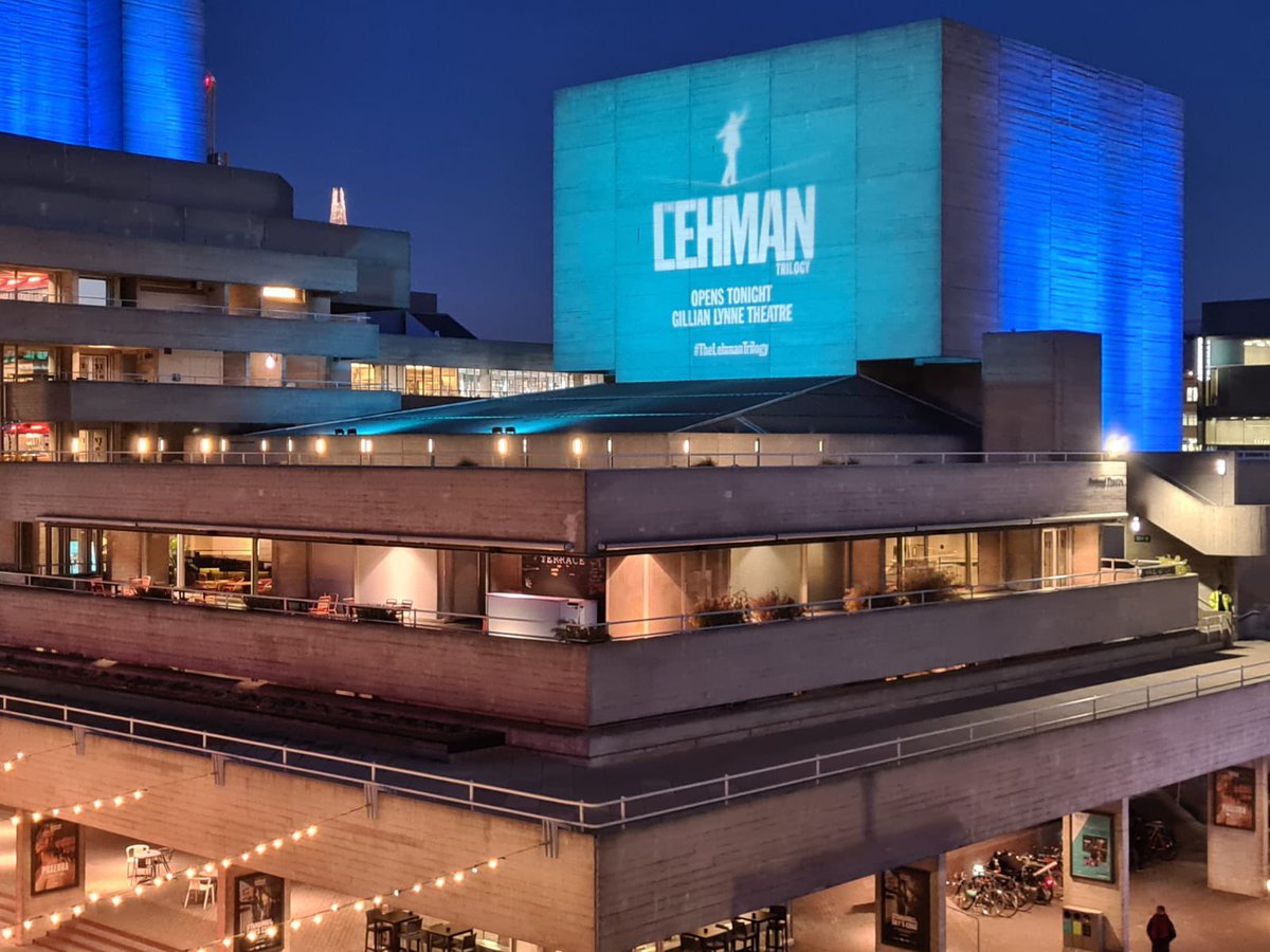 LehmanTrilogy's tweet photo. The @NationalTheatre fly tower celebrating our official opening at the Gillian Lynne Theatre TONIGHT. ✨

#TheLehmanTrilogy #WereBack https://t.co/2mo8vYNXPA