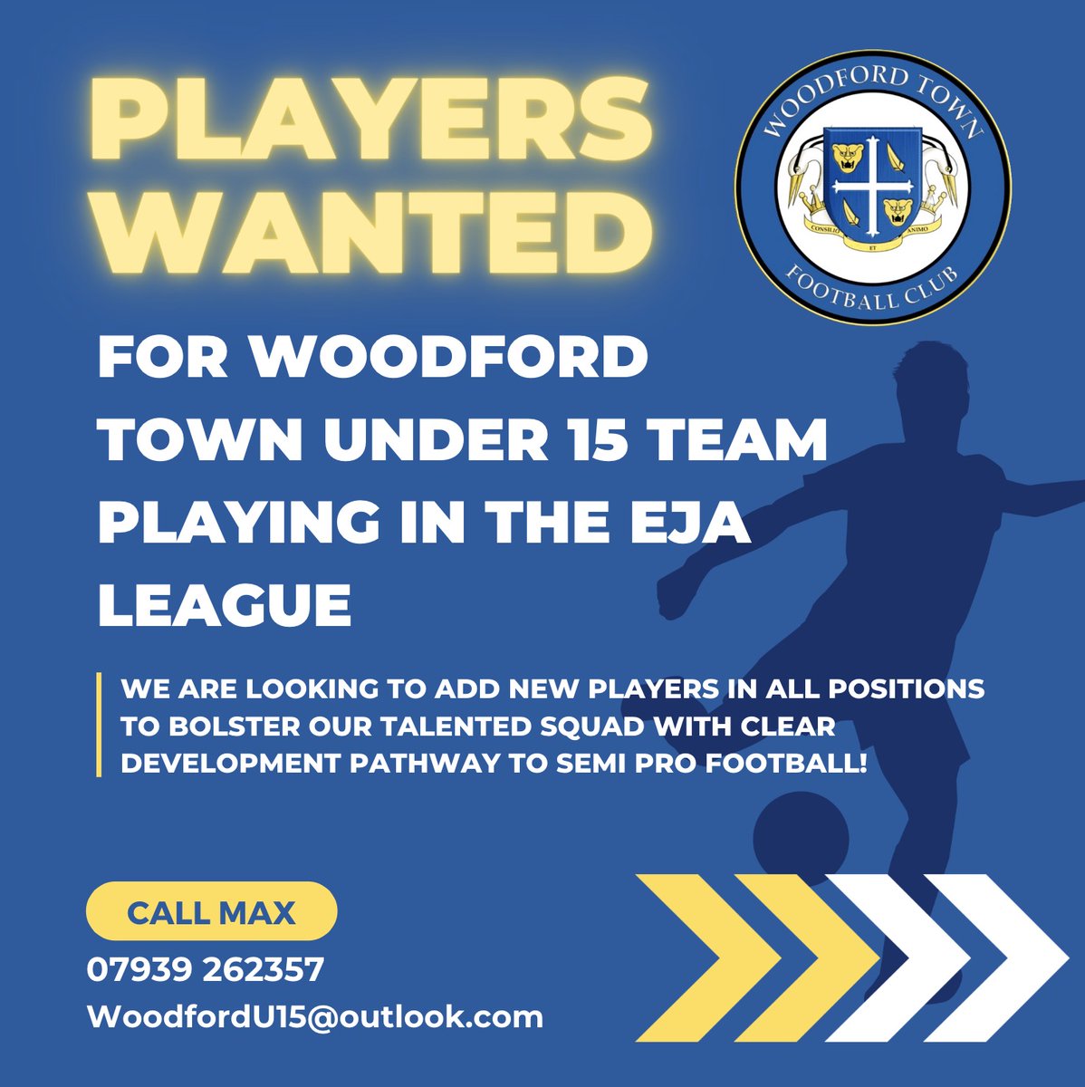 WoodfordEJAU15's tweet photo. 🚨 Who's ready to make a move up the football ladder? 
🔥 We're recruiting for all positions and we want YOU to be part of our talented under-15's @EJALeague squad!
Contact Max now to find out more! https://t.co/GunjV8n4Xs