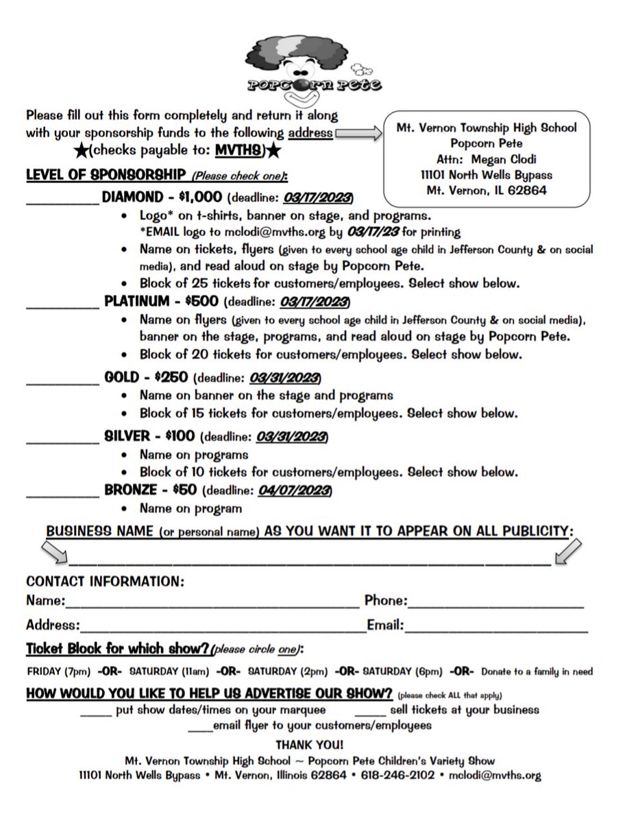PopcornPeteShow's tweet photo. We are seeking sponsors for the 57th Annual Popcorn Pete Children's Variety Show! Proceeds benefit Mt. Vernon Twp. High School Special Olympics Team and the Drama Club! https://t.co/reNvG428Vj