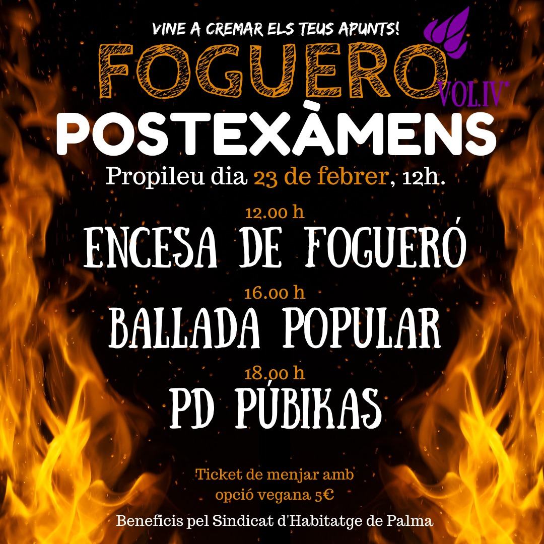 🔥🔥🔥TORNA EL FOGUERÓ POST-EXÀMENS!!!🔥🔥🔥

⚠️Després d'un semestre dur, farem una diada lúdica i cultural, per trobar-nos les estudiants i fer pinya 🍍💪🏼
