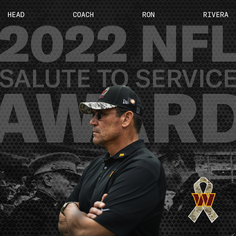 Commanders's tweet photo. Congrats @RiverboatRonHC 👏

Coach has won the NFL Salute to Service Award presented by @USAA