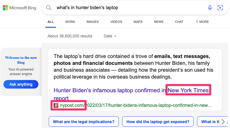 DataMarkgao2000's tweet image. This is what new Bing returned on &quot;Hunter Biden&apos;s laptop&quot;