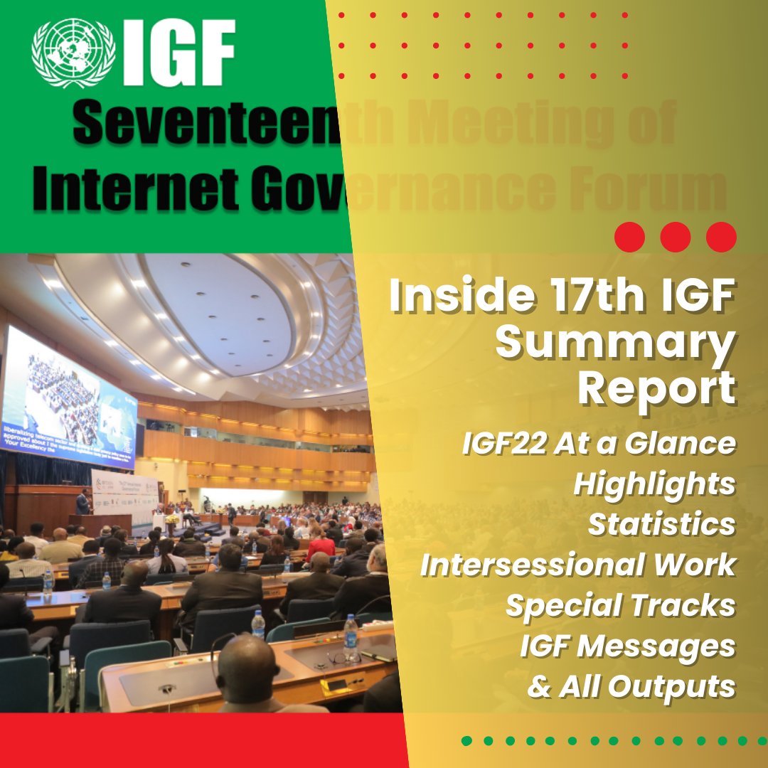 At #IGF2022 6⃣4⃣% of participants were newcomers. In 2⃣1⃣ countries across regions, communities came together to participate as remote hubs in the meeting's 290+ sessions. 

Stats like these, all outcomes, &amp; everything #IGF2022 in the Summary Report! | bit.ly/3RHH2h0
