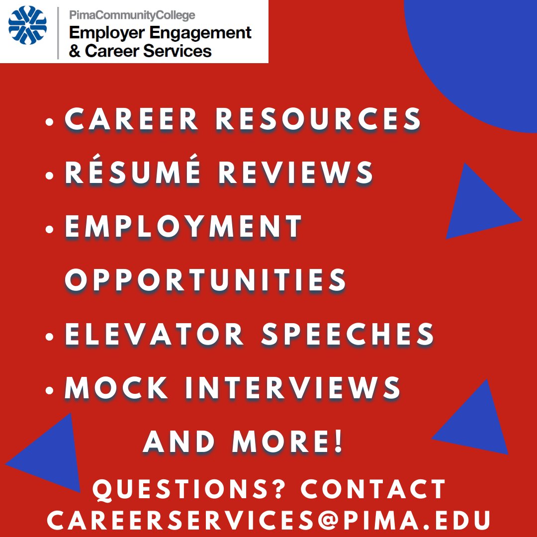 pimatweets's tweet image. Need help landing your next job? @PCCCareerSvcs offers monthly career readiness workshops. Learn more about the upcoming workshops here ow.ly/WLC450MMAjE.
#pimaccworkforce #career #careertips #careerdevelopment #resume #careeropportunities #internship