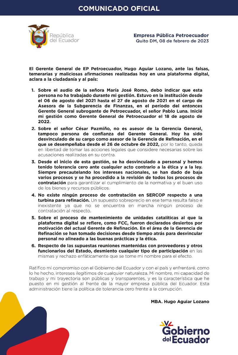 notimundoec's tweet photo. 🔴 #AHORA | #HugoAguiar, gerente de @EPPETROECUADOR, rechaza los audios donde presuntamente se solicitan coimas para agilizar pagos a empresas privadas. ⤵️ https://t.co/WIjX4JBgAQ