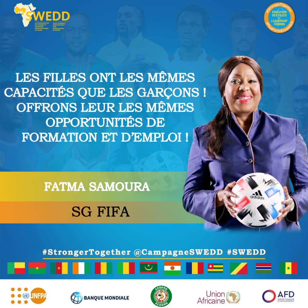 "Les filles ont les mêmes droits capacités que les garçons ! Offrons leur les mêmes opportunités de formation et d'emploi":<a href="/fatma_samoura/">Fatma Samoura</a> SG @FIFA.
#PlusFortsEnsemble 
#SWEDDMATCH
#StrongerTogether
#leadershipfeminin
#girlsScooling 
<a href="/UNFPA_WCARO/">UNFPA WCARO</a>
<a href="/AfriYAN24/">AfriYAN WCA</a>
<a href="/BM_Afrique/">Banque mondiale AFR</a>
<a href="/OoasWaho/">WAHO | OOAS</a>