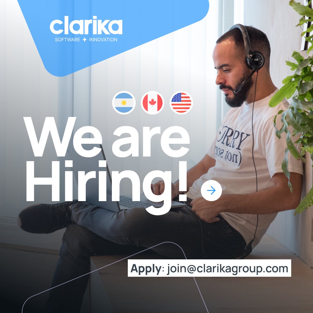 Wanna join our #ClarikaTeam? 👋

#WeAreHiring for USA, CANADA, and ARG projects!

We offer great benefits, agile teams, good experiences, and many advantages to keep growing together.

More info>> clarikagroup.com/careers/

#opentowork #oportunidadlaboral #developers  #empleosit