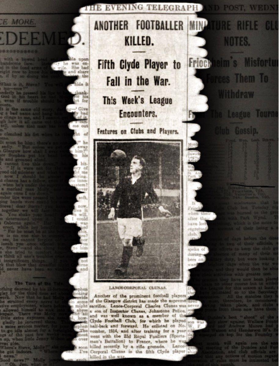 Scottish professional footballer L/Cpl Charles Clunas was killed in action in France on this day in 1916. The Clyde ‘half-back and forward’ was serving with the 23rd Royal Fusiliers (1st Sportsmen’s) when died and is buried at Guards Cemetery, Windy Corner, Cuinchy.