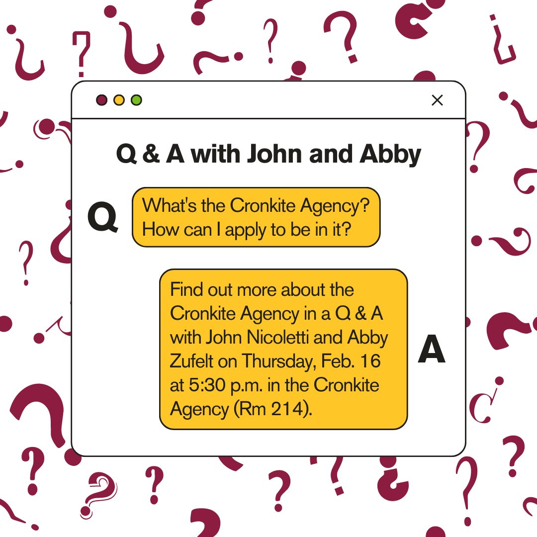 Want to learn more about the <a href="/CronkiteAgency/">Cronkite Agency</a>? Join us on Thursday, Feb. 16 at 5:30 p.m. for a special Q&amp;A with Cronkite Agency directors, <a href="/JJN_0905/">John James Nicoletti, Ed. D.</a> &amp; <a href="/abbyzufelt/">Abby Zufelt</a>!

📍 Cronkite Agency (Rm 214)
💻 Register at: bit.ly/CronkAgencyQA
🍕 Food &amp; drinks will be provided!