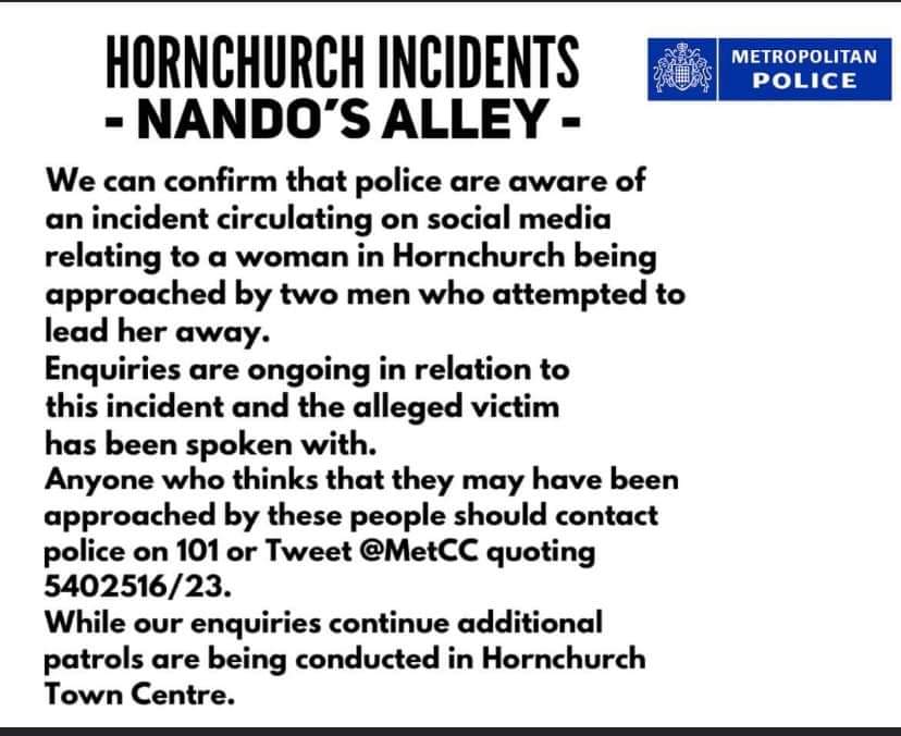 HornchurchLife's tweet image. Metropolitan Police Announcement - Nando's Alley