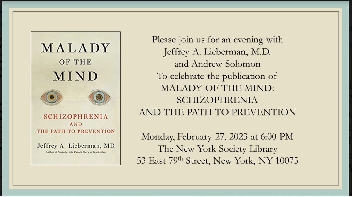 Andrew Solomon (@andrew_solomon) on Twitter photo Look forward to speaking with Jeffrey Lieberman about his new book, Malady of the Mind on February 27 at <a href="/nysoclib/">NY Society Library</a> ow.ly/98vw50MNgSN Look forward to speaking with Jeffrey Lieberman about his new book, Malady of the Mind on February 27 at <a href="/nysoclib/">NY Society Library</a> ow.ly/98vw50MNgSN