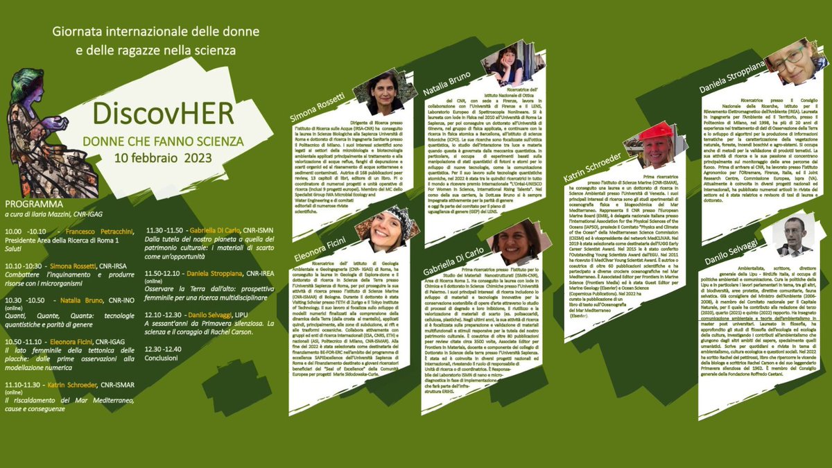 CNRsocial_'s tweet photo. 📌#10febbraio | ore 10 | #Cnr Montelibretti (RM)
👩‍🔬#DiscovHER: donne che fanno scienza
Organizzato da @cnr_igag, nell'ambito della Giornata internazionale delle donne e delle ragazze nella scienza, #11febbraio
https://t.co/B2AabHg3OI 
#WomenandGirlsinScience #WomenInScienceDay https://t.co/K2gXkuZFSa