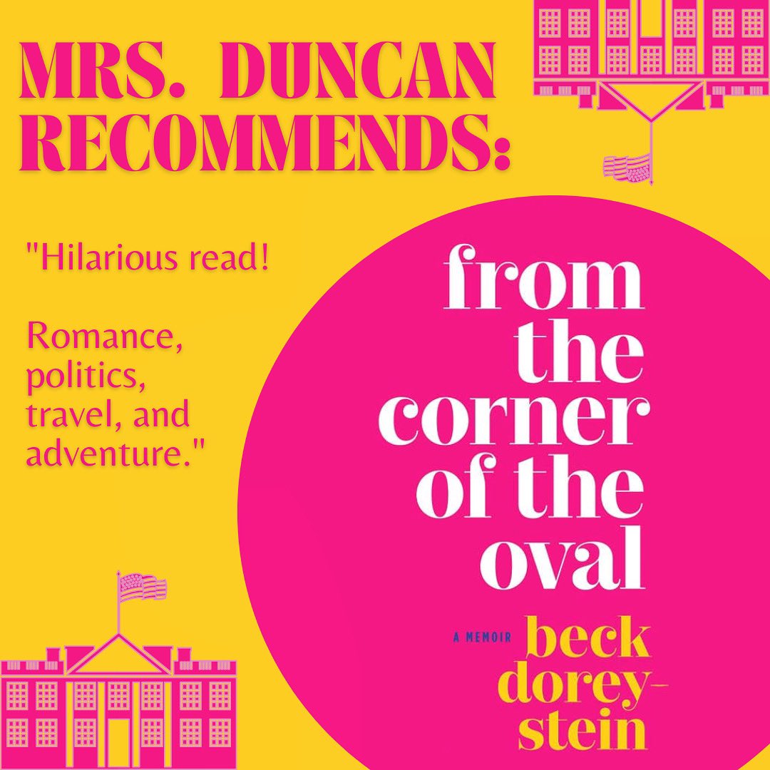 Mrs. Duncan’s recommendation is on deck for this week’s “We Read Wednesday!” Swing by the library to check out this NY Times bestselling memoir! #fromthecorneroftheoval #beckdoreystein #memoir #nytimes #nytimesbestseller #ovaloffice #recommendedreading