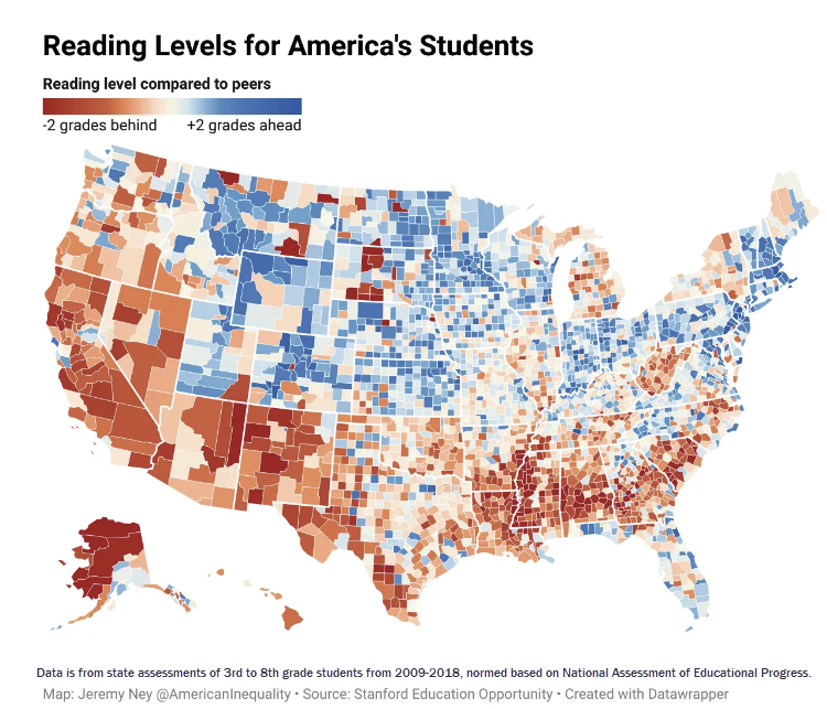 ❝You are looking at a map of the reading gap. These red and blue counties estimate elementary students’ reading skills.

Why is weaker reading so prevalent in some states, and stronger reading in others?❞

schoolwisepress.com/see-where-stud… #learningtoread