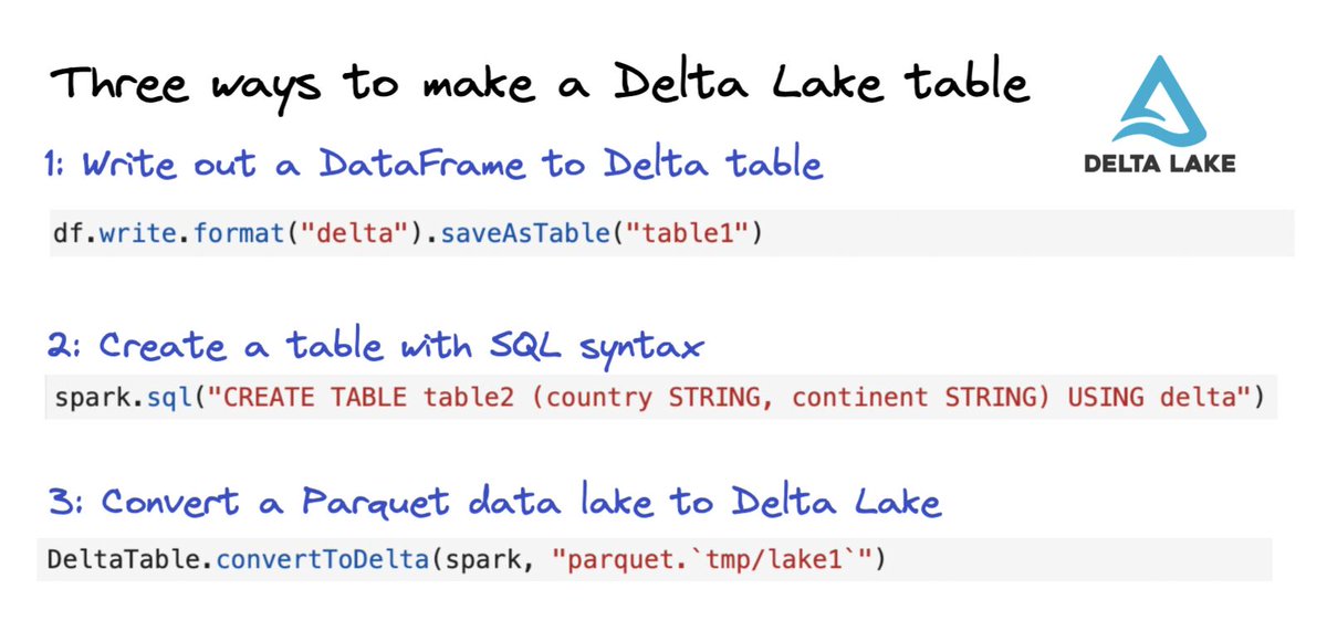 DeltaLakeOSS's tweet image. You can create a Delta table by writing out a #DataFrame with the Delta format, you can create an empty Delta table with #sql, or you can convert an existing #Parquet table to the Delta format. It's very easy to jump in and start using #DeltaLake! 🦀
cc: Matthew Powers