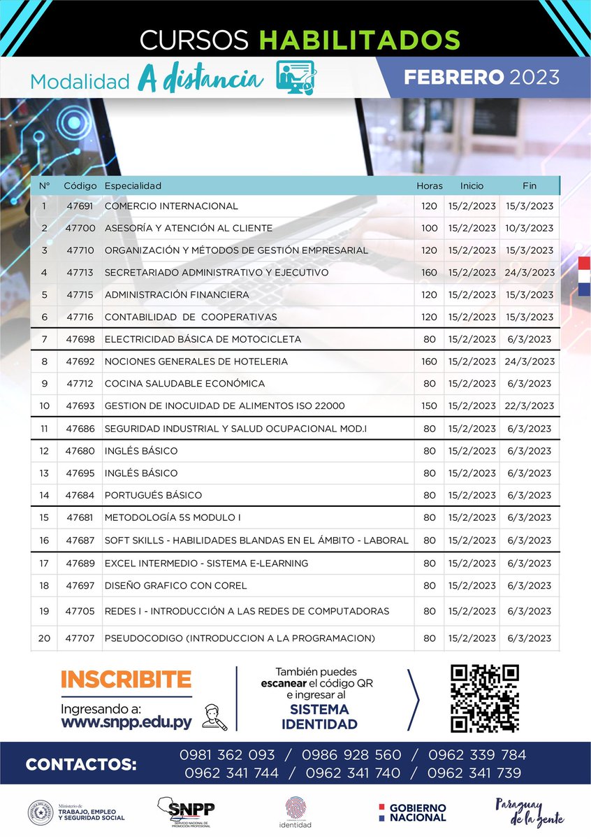 SNPP_Paraguay's tweet photo. 👨‍🏫👩‍🏫𝘾𝙪𝙧𝙨𝙤𝙨 𝙃𝙖𝙗𝙞𝙡𝙞𝙩𝙖𝙙𝙤𝙨 - Febrero 

👉Modalidades

A DISTANCIA 👨🏻‍💻👩🏽‍💻
PRESENCIAL 🙋🏽‍♂️🙋🏻‍♀️

Capacitate con nosotros, desde cualquier punto del país, en este mes de febrero habilitamos cursos totalmente gratuitos. https://t.co/GbtcIdJQLN