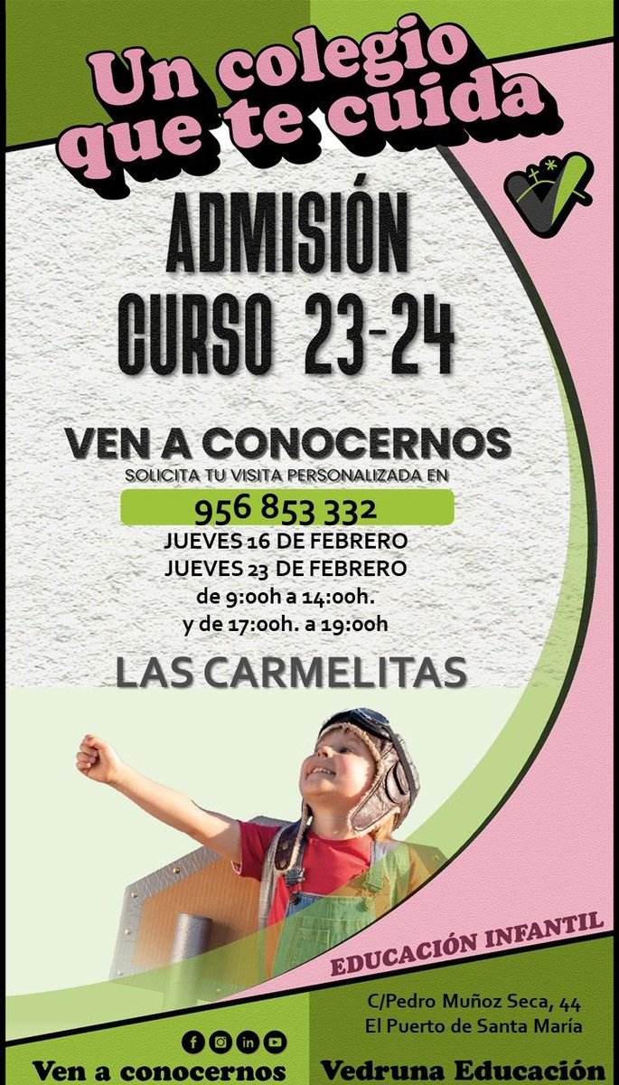 vedrunaelpuerto's tweet photo. ~ VEN A CONOCERNOS ~

En nuestras jornadas de puertas abiertas te atendemos personalmente. Te mostramos el colegio que somos. Infantil, Primaria, Secundaria y Ciclo Formativo de Grado Básico. Servicio de comedor con cocina propia. Aula matinal.

#Vedruna #FamiliaVedruna #TuCole https://t.co/Ika0O3NeIP