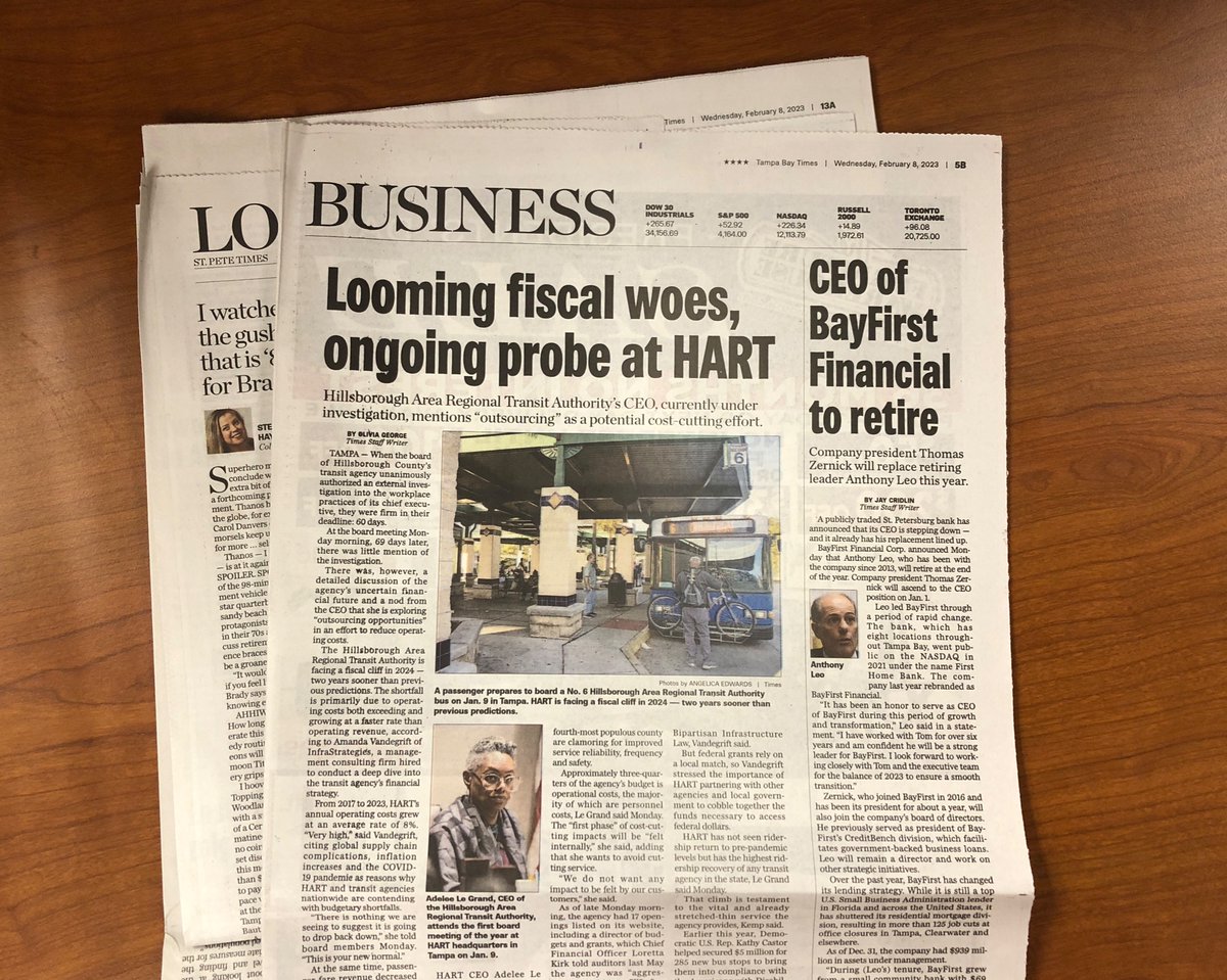 Two stories in print today:

👉 The first 100 days of <a href="/RidePSTA/">PSTA</a>’s SunRunner, Tampa Bay’s first bus rapid transit system: tampabay.com/news/transport…

👉  <a href="/GoHART/">HART 🦩</a> faces fiscal cliff in 2024. The CEO, under investigation, is exploring outsourcing to save $ tampabay.com/news/transport…