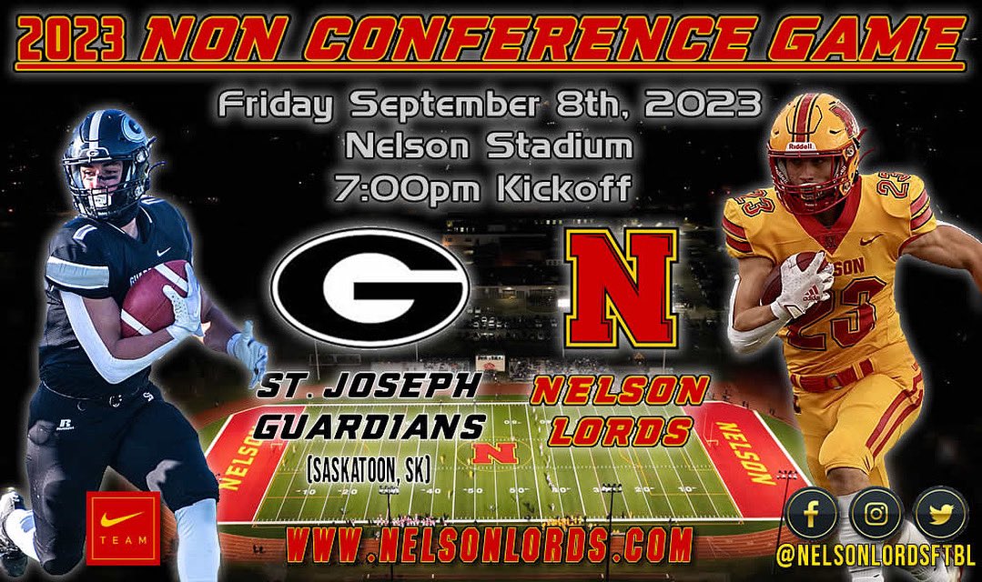 We are excited to announce a fantastic match-up to open the 2023 Football Season as the St. Joseph Guardians from Saskatoon SK will visit Ontario for a Non-Conference tilt with the Lords.  This promises to be a great show under the lights at Nelson Stadium! 🔴🟡🏈  #WeComin